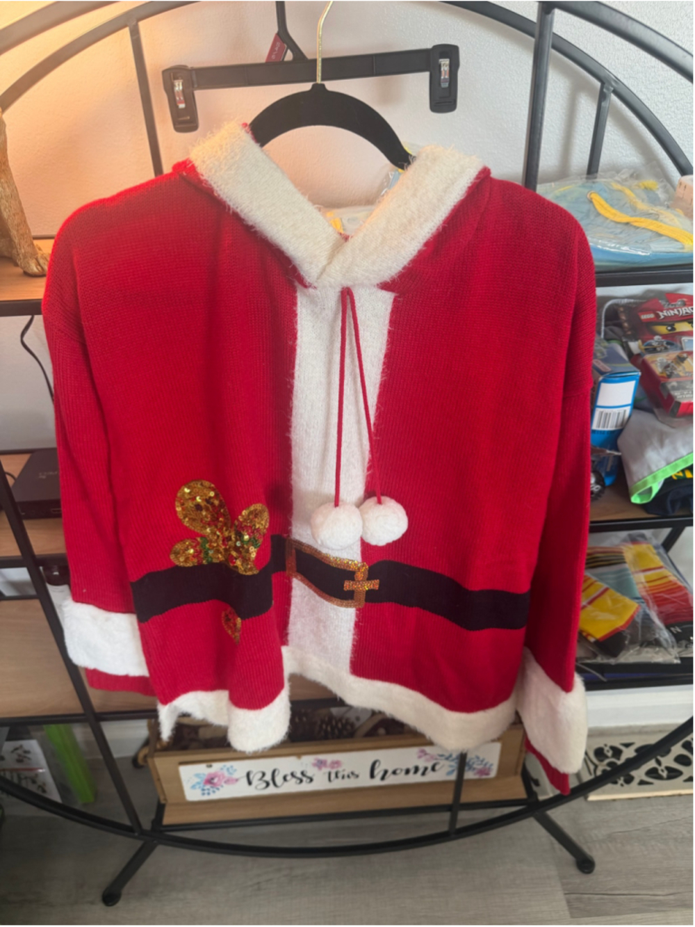 Women's Hooked Up Santa Hoodie Sweater Large Red White Christmas